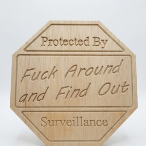 "Fuck Around and Find Out" CNC-Carved Wooden Surveillance Sign